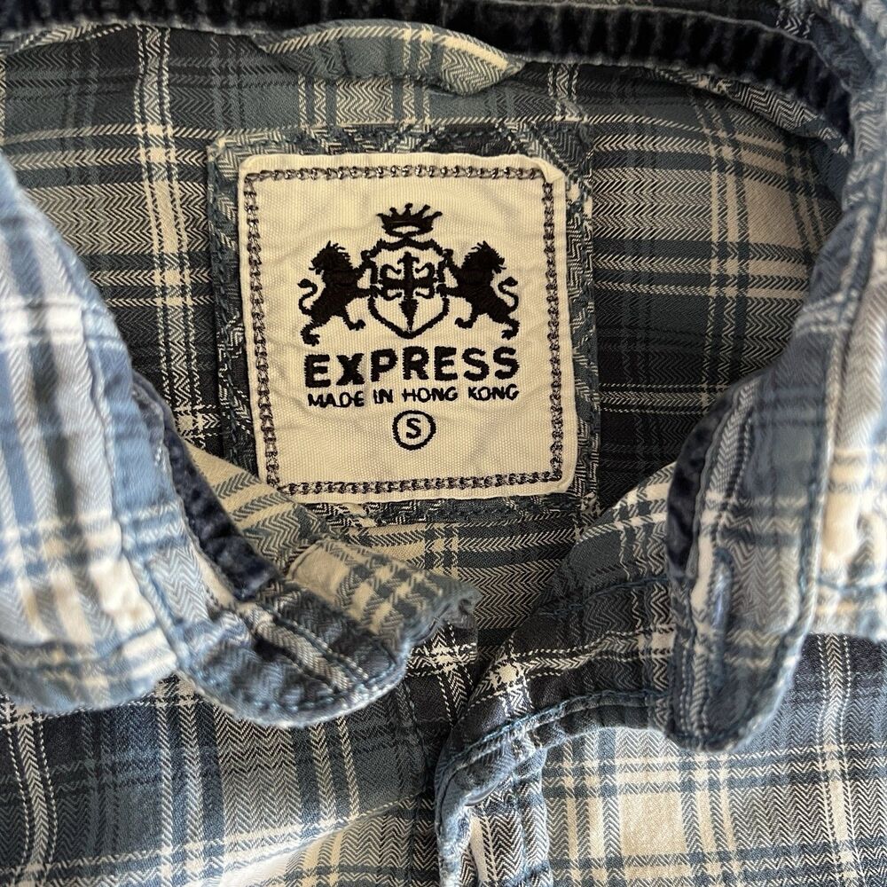 Y2K Express Button Up Shirt Men S‎ Blue beige Plaid classic cotton long sleeve - Picture 2 of 4